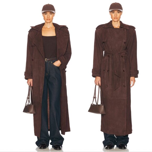 NEW Helsa Suede Trench Coat in Saddle Brown Long Winter Jacket - Small S - Picture 1 of 10